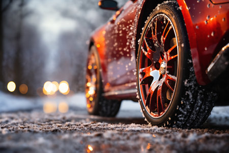 a car wheel close-up on the background of a winter snow-covered road with ice in city street, the concept of traffic safety on a slippery roadの素材