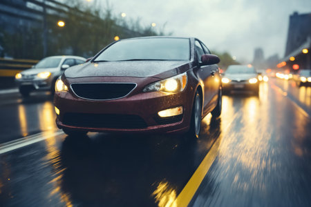 busy traffic on a wet highway road on a rainy eveningの素材