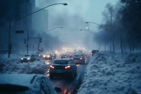 a winter snow covered road in a city, concept of traffic safety on a slippery roadの素材