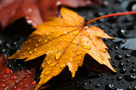 wet maple leaf in autumn season, yellow leaf on a darkの素材
