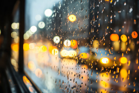 raindrops on a glass with blurred background of wet autumn city street, road and cars, streetlights in the evening, late autumn seasonの素材