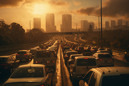 busy traffic on the city road at sunset, beautiful sunlight and urban landscape, silhouettes of skyscrapersの素材