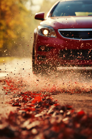 autumn road with yellow leaves and car, beautiful autumn natureの素材