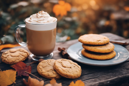 still life of a cup of hot latte and cookies and pumpkins on an old wooden table against the background of beautiful autumn nature at sunset, decoration for Halloweenの素材