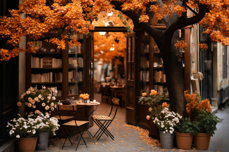 the exterior of an outdoor cafe in the old town, a table and chairs on the street, cozy, decorated with flowers and old things, autumn seasonの素材