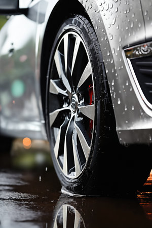 a car wheel close-up on the background of a wet road after rain in city street, the concept of traffic safety on a slippery roadの素材