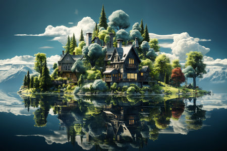view of a small fairy-tale island and a village with fabulous houses in the middle of the sea, a summer landscape with a clear blue skyの素材