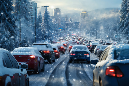 a winter snow covered road in a city, concept of traffic safety on a slippery roadの素材