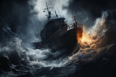 the boat sails through a stormy sea, a dark dramatic sky with gloomy cloudsの素材