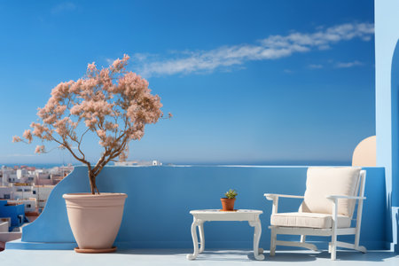 a beautiful interior on an open terrace, an armchair and plants against a background of blue sky with clouds, a place for rest and relaxationの素材