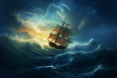 the sailboat sails through a stormy sea, a dark dramatic sky with gloomy cloudsの素材