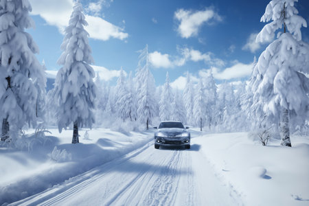 a car on the background of a winter snow covered road, beautiful landscape, winter forest, concept of travel and traffic safety on a slippery roadの素材
