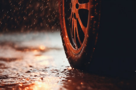 closeup of car wheel with water droplets on a rainy roadの素材