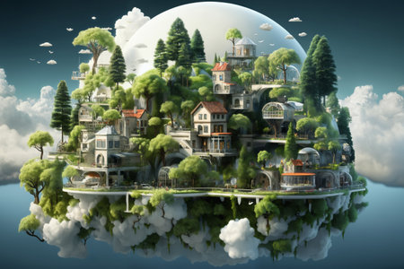 a small fabulous island with houses and trees hovers in the middle of the skyの素材