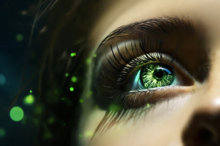 a woman eye closeup with green holography lights particles near her face, dark background, digital future conceptの素材