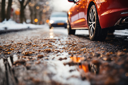 a car wheel close-up on the background of a winter snow-covered road with ice in city street, the concept of traffic safety on a slippery roadの素材