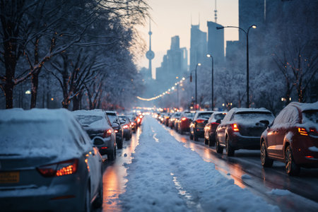 snow covered road in a winter city, traffic jam, concept of traffic safety on a slippery roadの素材
