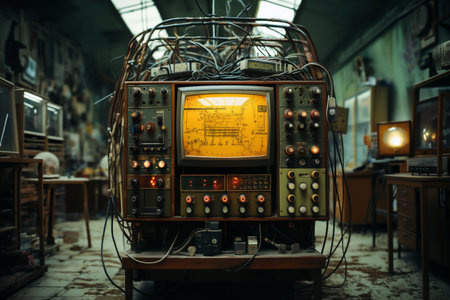 retro analog device for industry and scientific research and measurements, in the interior of a factory laboratory , the concept of retro futurism electronicsの素材