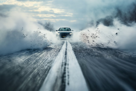 a car drives fast on a winter slippery road creating a whirlwind of snow, the concept of safety on a slippery roadの素材