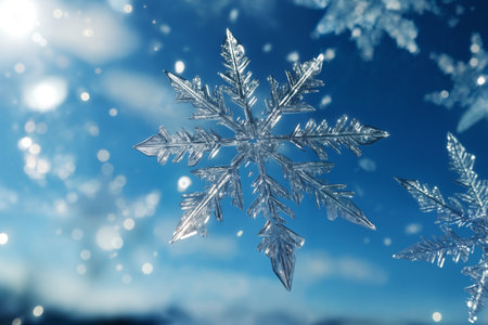 snowfall on a bright day against the sky as a background, a close view of snowflakesの素材