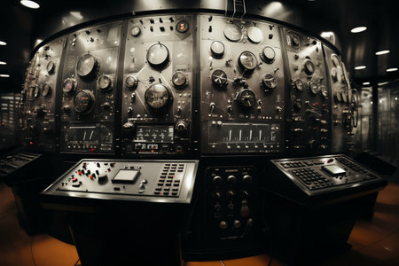 command post of a retro analog control center for an industrial facility or nuclear power plant, a control panel, devices for industrial and scientific research and measurementsの素材