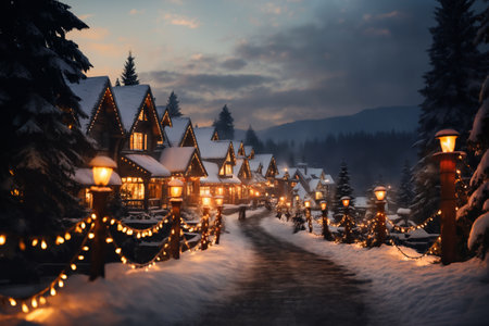 Winter night in a small village with wooden houses and lanterns.の素材