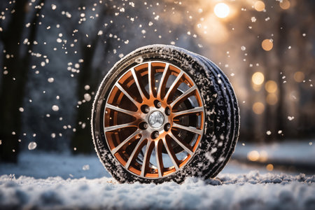 a car wheel on the background of a winter snow-covered forest, beautiful landscape, a concept of traffic safety on a slippery roadの素材