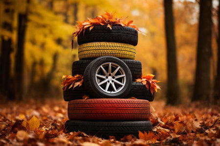 old car tires decorated with bright yellow leaves in the autumn forestの素材