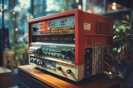 retro electronic device for industrial and scientific research and measurements, a close-up object in interior of expocenterの素材