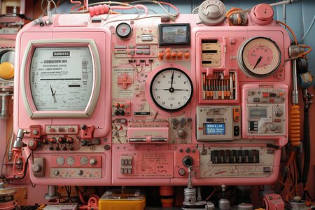 Pink analog control panel in the command center, devices for industrial and scientific research, in the style of retro science fictionの素材
