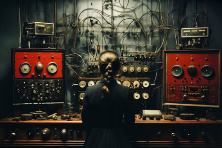 A female employee operates an industrial measurement, computing and information processing center, a retro analog device in a laboratoryの素材