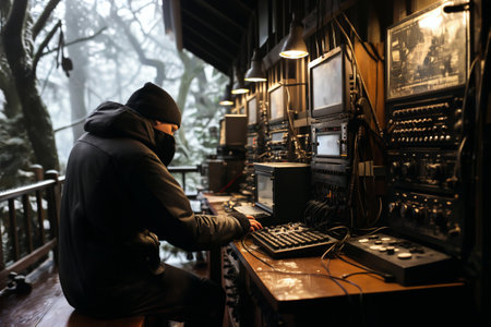 An employee uses the control panel and instruments in the laboratory, winter forest, in the style of a photo reportageの素材