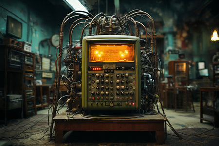 retro analog device with screen for industry and scientific research and measurements, in the interior of a factory laboratory, the concept of retro futurism lamp electronicsの素材