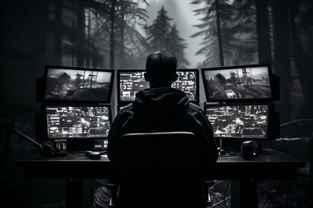 A man watches the monitor screens of a video surveillance system in a secret base in the forest, a dark atmosphereの素材