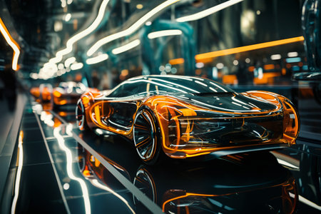 futuristic car on a glossy road in a tunnel with transparent walls, transport of the future, city streetsの素材