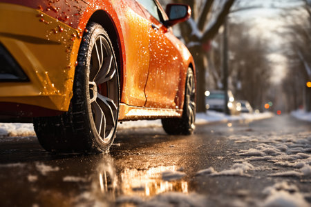 a car wheel close-up on the background of a winter snow-covered road with ice in city street, the concept of traffic safety on a slippery roadの素材