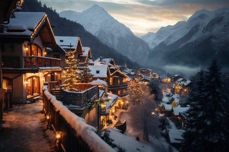 Beautiful winter alpine village with snow covered houses in Alpsの素材