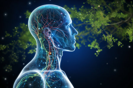 silhouette of human body and head, with neural connections in brain, in form of hologram on background vegetative system , an abstraction of digital art, concept of biotechnology of futureの素材