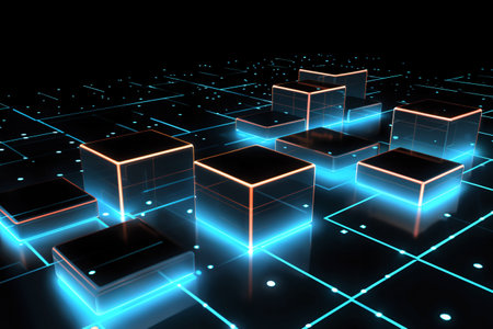 abstract dark mosaic background with many blue block shapes and cubes, hi tech in the style of 3D rendering, digital artの素材