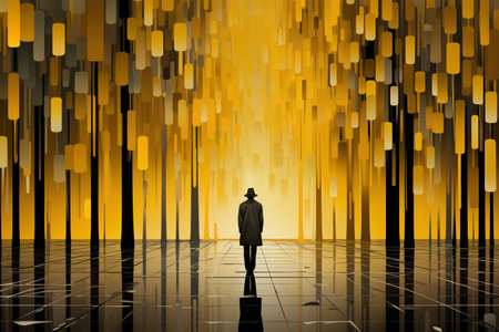 A man standing in a surreal space with an abstract yellow background with geometric elements, on a dark glass floor with reflectionsの素材