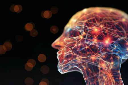 silhouette of a human body with the blood circulatory system and neural connections around head and brain, vegetative system, dark blue background, biotechnology conceptの素材