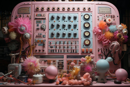 Pink analog control panel in the command center, devices for industrial and scientific research, in the style of retro science fictionの素材