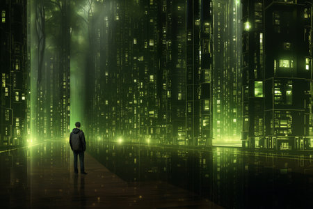 man in front of panoramic view of a futuristic metropolis at night, with virtual reality and lights and holograms, digital future, cyberspace visualization, street lights, illuminationの素材