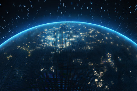 surface of earth planet with futuristic computer technology and mega city, digital connections with hologram and glow against background of space, concept of globalization and urbanizationの素材