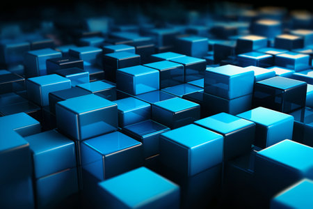 abstract dark mosaic background with many blue block shapes and cubes, hi tech in the style of 3D rendering, digital artの素材