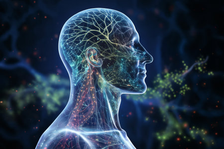 silhouette of human body and head, with neural connections in brain, in form of hologram on background vegetative system, an abstraction of digital art, concept of biotechnology of futureの素材