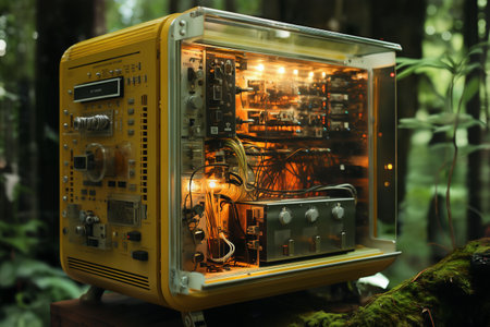 retro electronic device for scientific research and measurements, a close-up object in a forestの素材