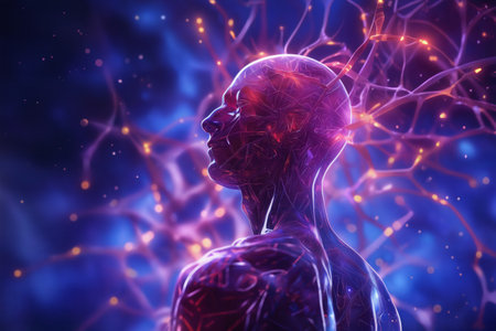 silhouette of a human body with the blood circulatory system and neural connections around head and brain, vegetative system, dark blue background, biotechnology conceptの素材