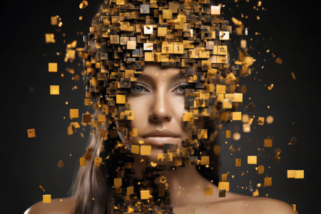 woman's face with 3D particles around her head as a symbol of augmented reality and computer technologies of the future, a close-up portrait, the concept of cybernetics, biomechanics and roboticsの素材