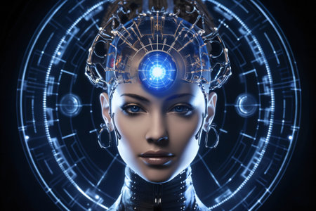 Portrait of a woman with a futuristic crown adorned on her head, and a bright glowing crystal positioned in her forehead. The dark abstract background adds to the fantasy-like atmosphere.の素材